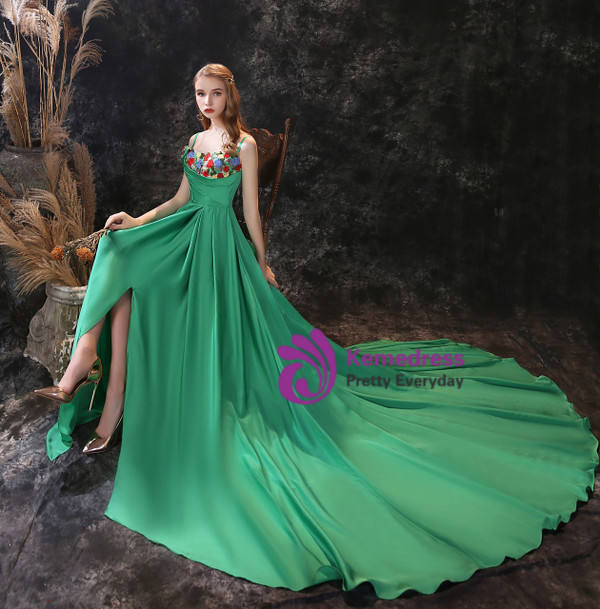 Green Satin Spaghetti Straps Embroidery Flower Prom Dress