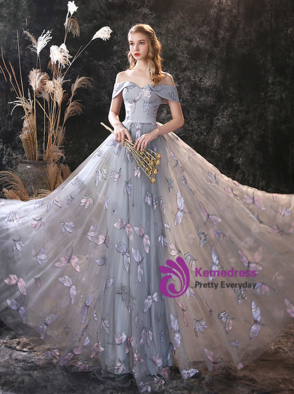 Gray Tulle Dragonfly Embroidery Sequins Long Prom Dress