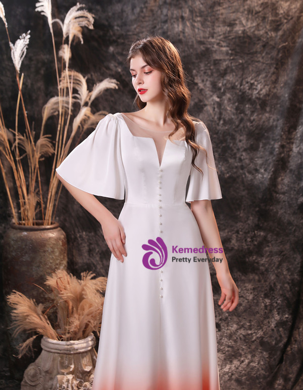 White Satin Flying Sleeve Pearls Prom Dress