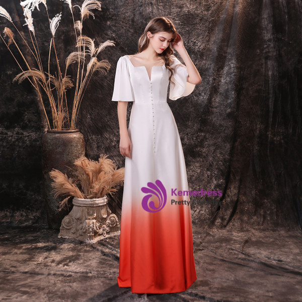 White Satin Flying Sleeve Pearls Prom Dress