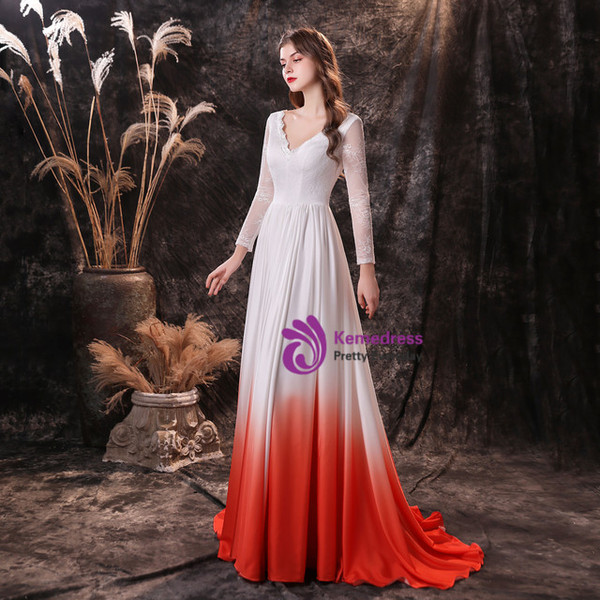 White Satin Chiffon Deep V-neck Long Sleeve Prom Dress