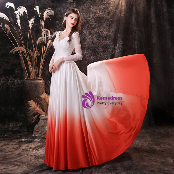 White Satin Chiffon Deep V-neck Long Sleeve Prom Dress