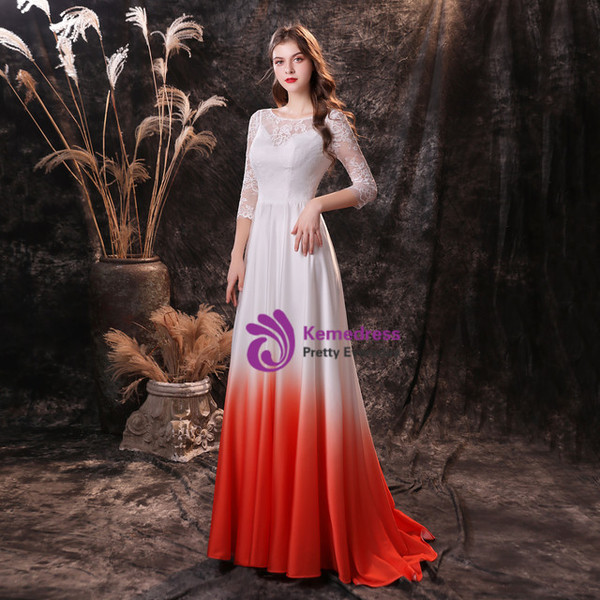 White Gradient Satin Lace Chiffon 3/4 Sleeve Prom Dress