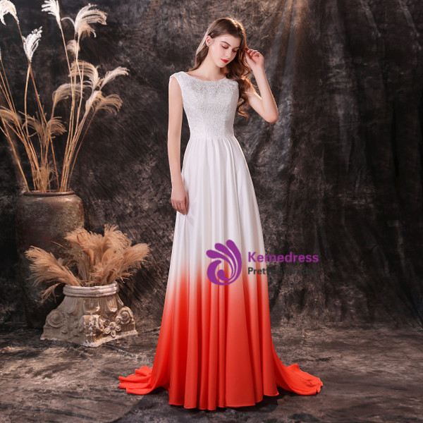White Satin Chiffon Gradient Lace Long Prom Dress