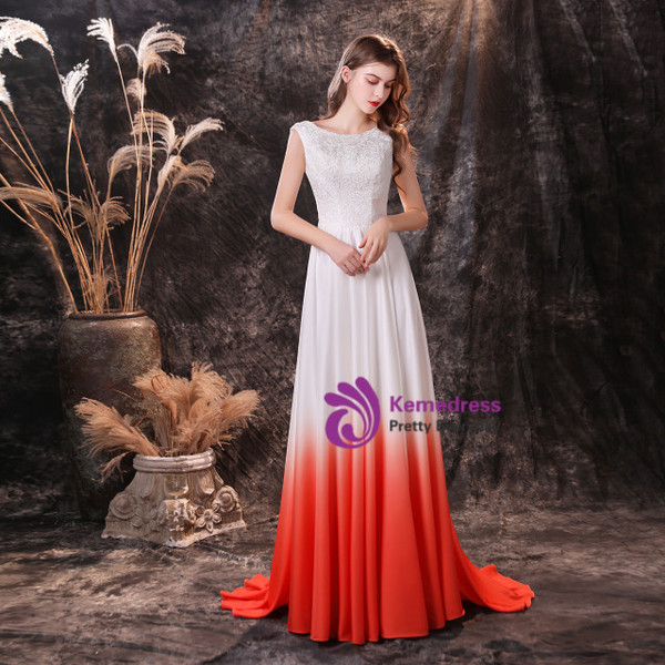 White Satin Chiffon Gradient Lace Long Prom Dress