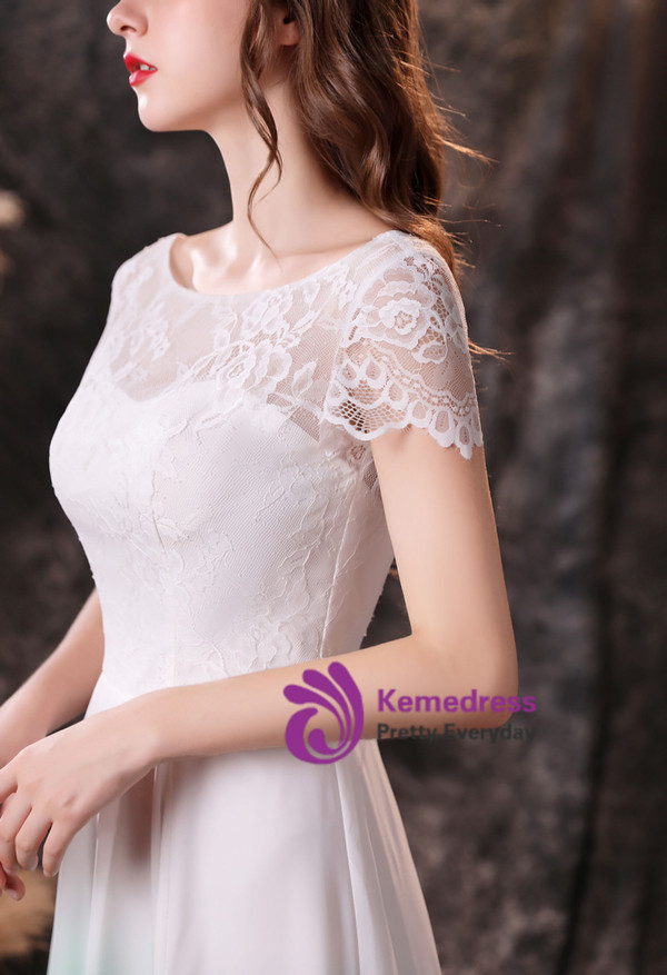 White Gradient Chiffon Lace Cap Sleeve Prom Dress