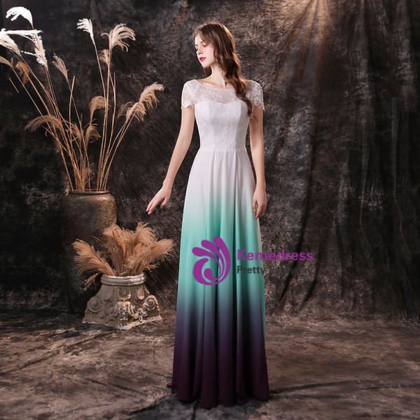 White Gradient Chiffon Lace Cap Sleeve Prom Dress