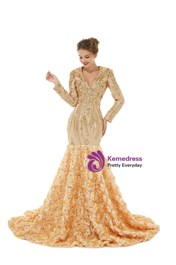 Gold Mermaid Sequins Deep V-neck Long Sleeve Prom Dress