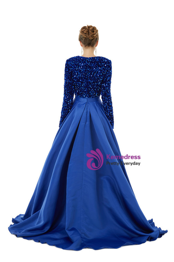 Royal Blue Satin Sequins Deep V-neck Long Sleeve Prom Dress