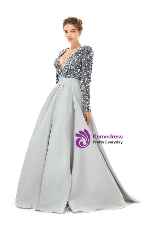 Silver Gray Satin Sequins Deep V-neck Long Sleeve Prom Dress