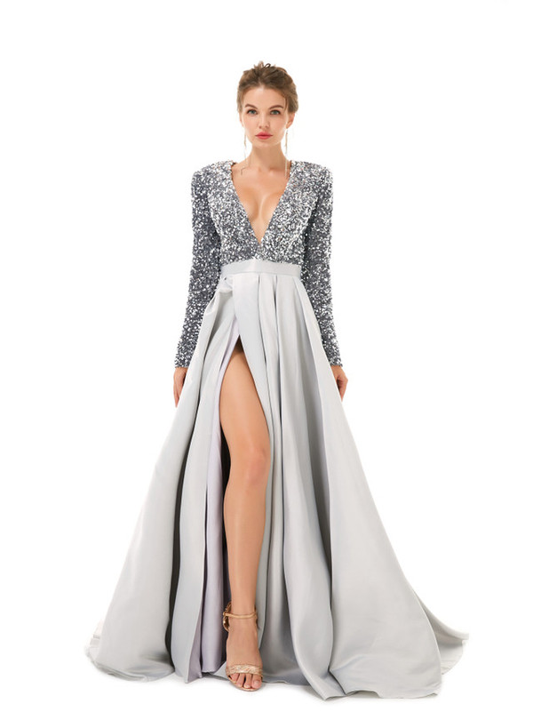Silver Gray Satin Sequins Deep V-neck Long Sleeve Prom Dress