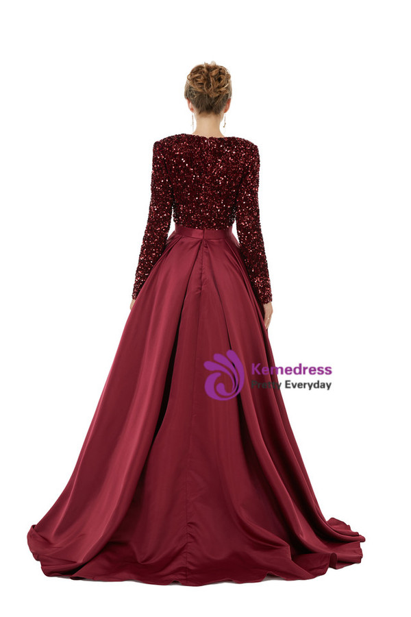 Burgundy Satin Sequins Deep V-neck Long Sleeve Prom Dress