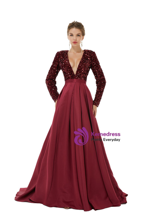 Burgundy Satin Sequins Deep V-neck Long Sleeve Prom Dress