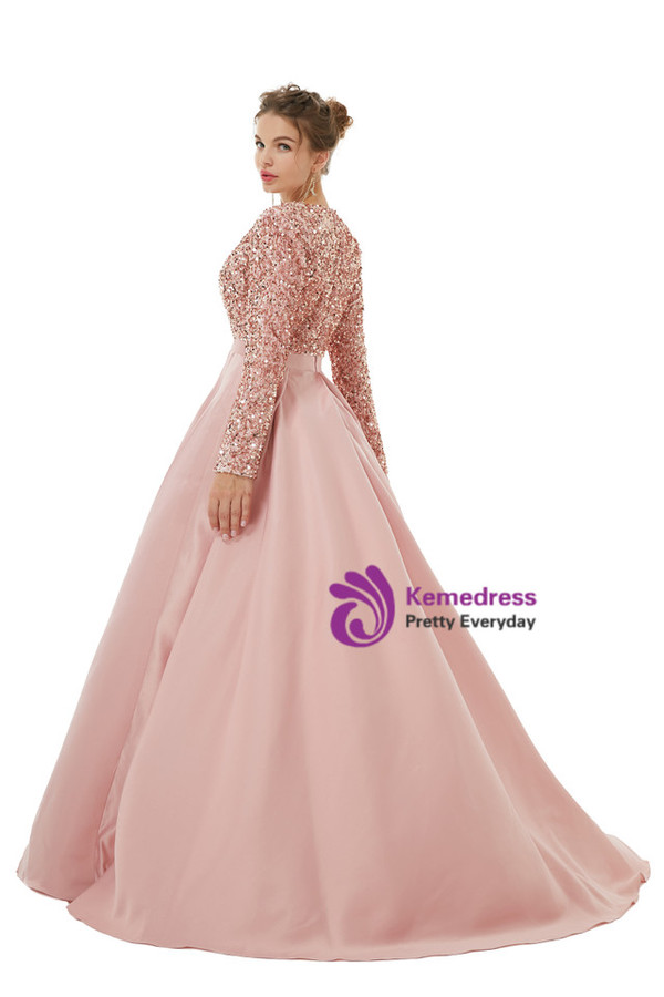 Pink Satin Sequins Deep V-neck Long Sleeve Prom Dress With Split