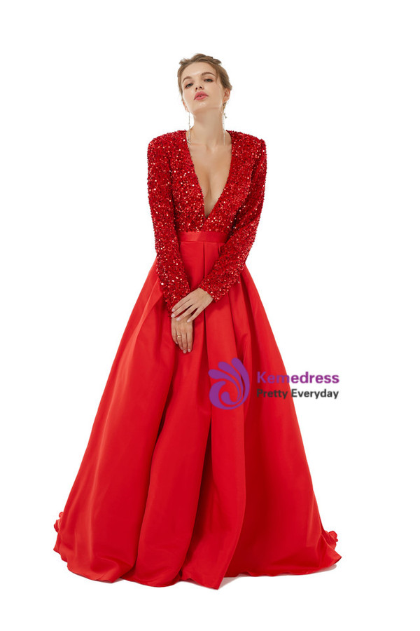 Red Deep V-neck Satin Sequins Long Sleeve Prom Dress