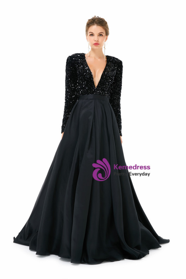 Black Satin Sequins Deep V-neck Long Sleeve Prom Dress