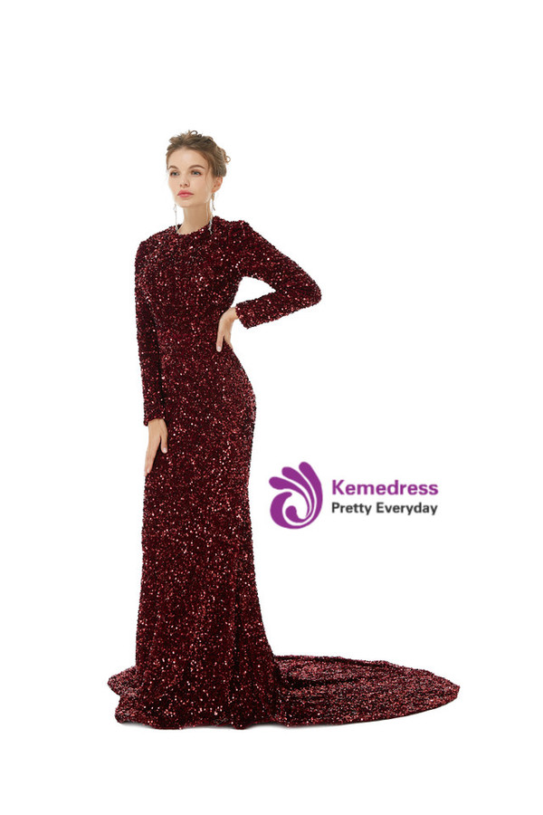 Burgundy Mermaid Long Sleeve Sequins Satin Prom Dress Detachable Train