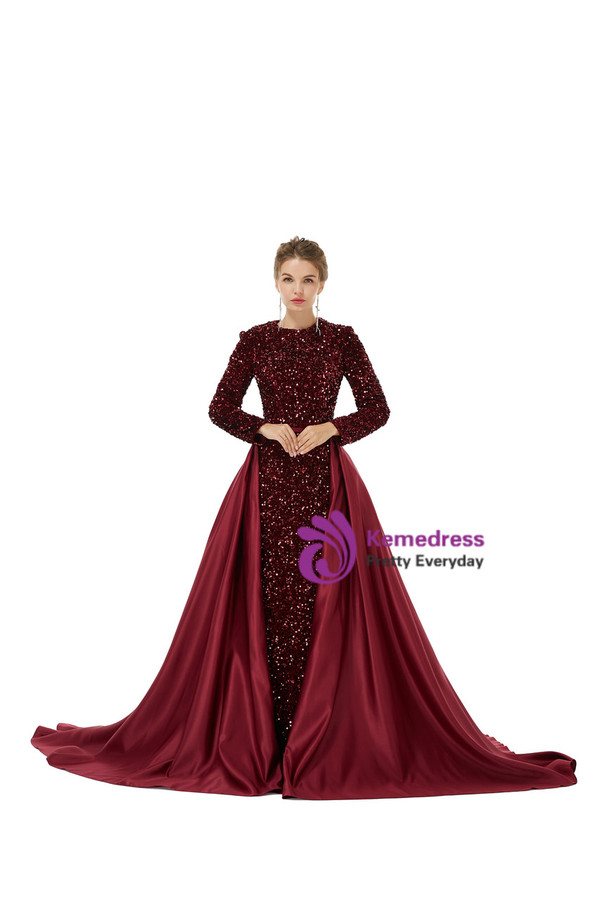 Burgundy Mermaid Long Sleeve Sequins Satin Prom Dress Detachable Train