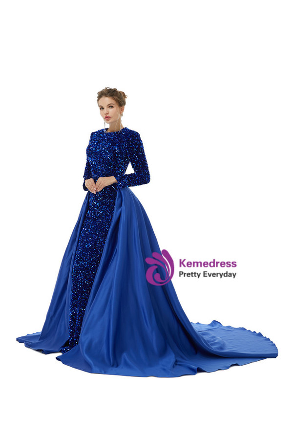 Royal Blue Mermaid Sequins Long Sleeve Prom Dress With Detachable Train
