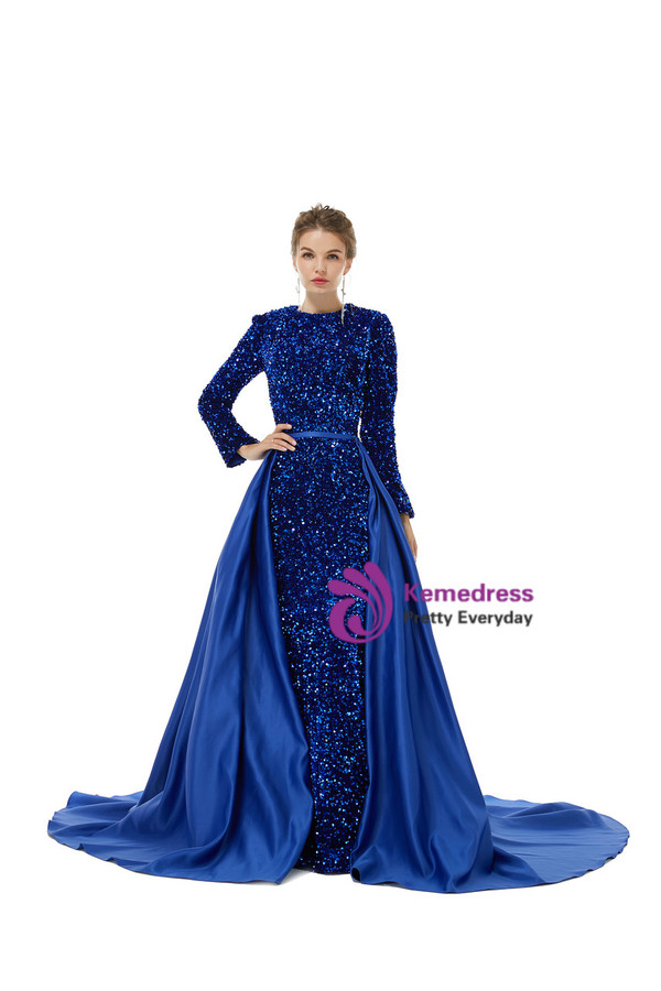Royal Blue Mermaid Sequins Long Sleeve Prom Dress With Detachable Train