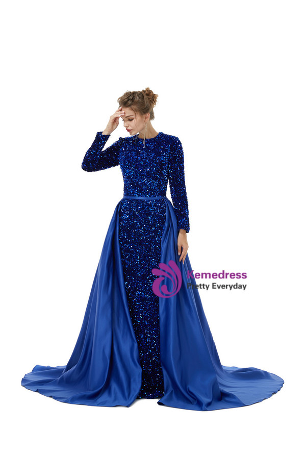 Royal Blue Mermaid Sequins Long Sleeve Prom Dress With Detachable Train