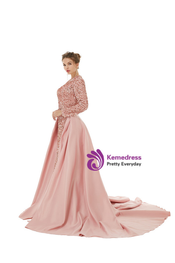 Pink Mermaid Sequins Long Sleeve Prom Dress With Detachable Train