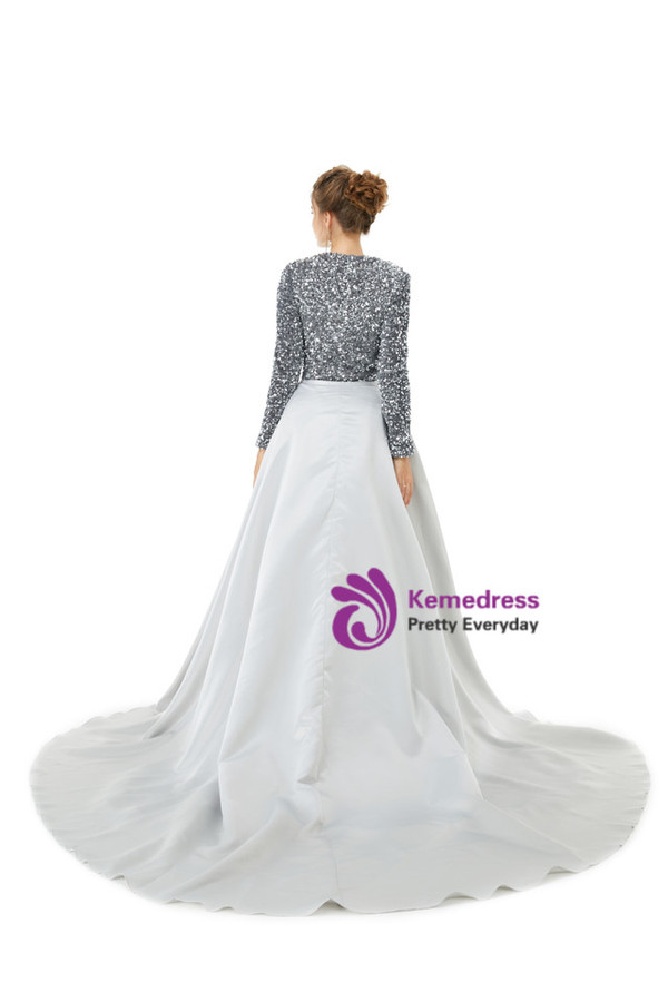 Silver Gray Mermaid Sequins Prom Dress With Detachable Train