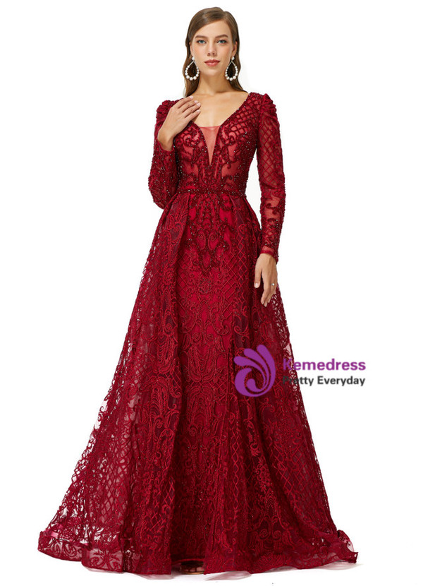 Luxury Burgundy Long Sleeve Appliques Beading Prom Dress