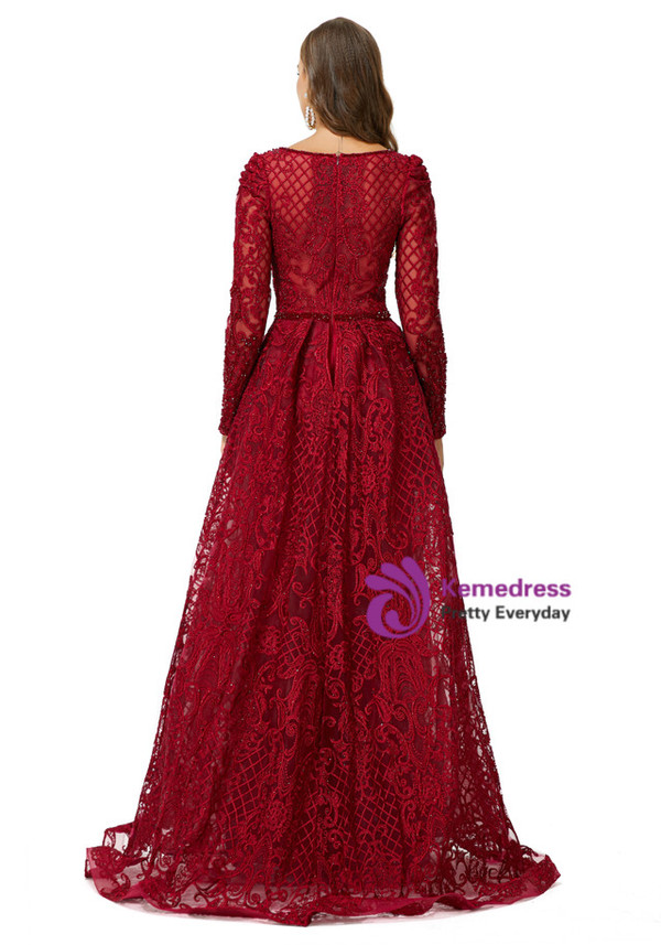 Luxury Burgundy Long Sleeve Appliques Beading Prom Dress