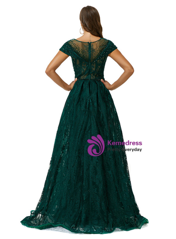 Dark Green Tulle See Through Beading Prom Dress