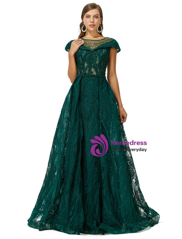 Dark Green Tulle See Through Beading Prom Dress