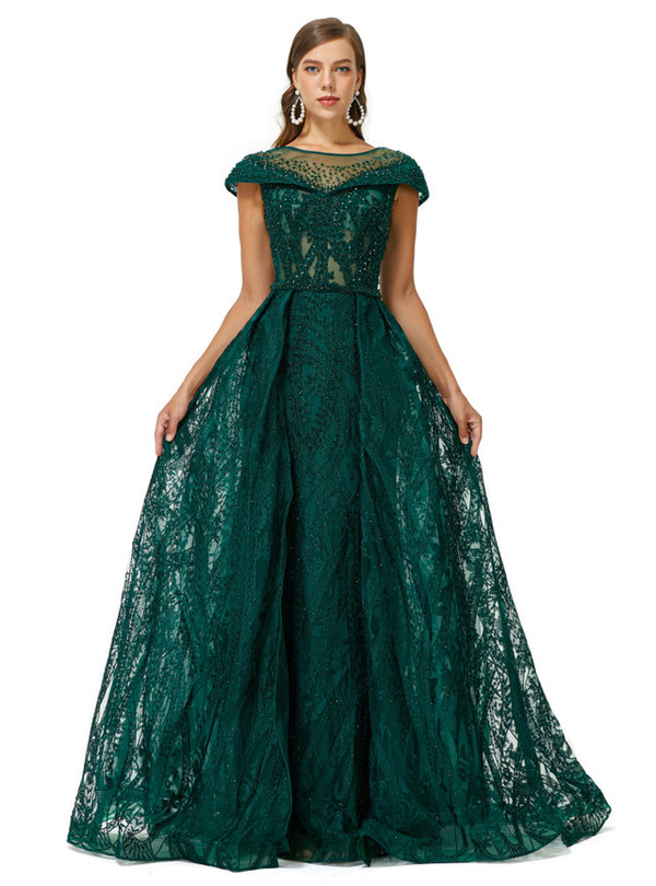 Dark Green Tulle See Through Beading Prom Dress