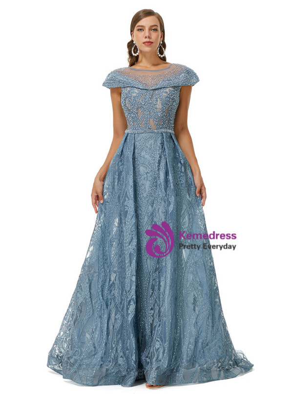 Blue See Through Top Tulle Beading Prom Dress