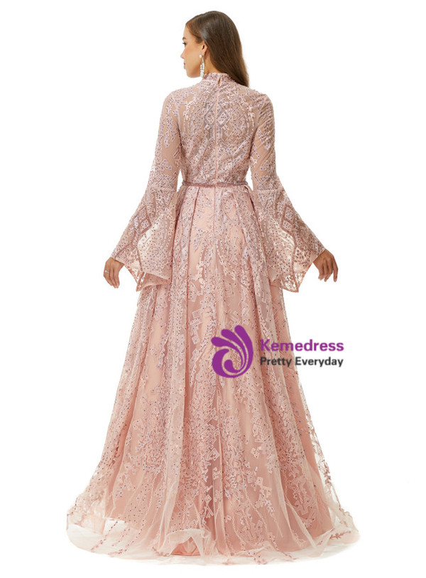 Pink High Neck Tulle High Neck Long Sleeve Beading Prom Dress
