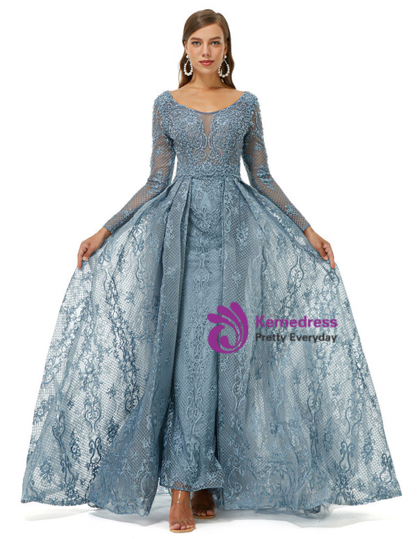 Blue See Through Tulle Long Sleeve Appliques Beading Prom Dress