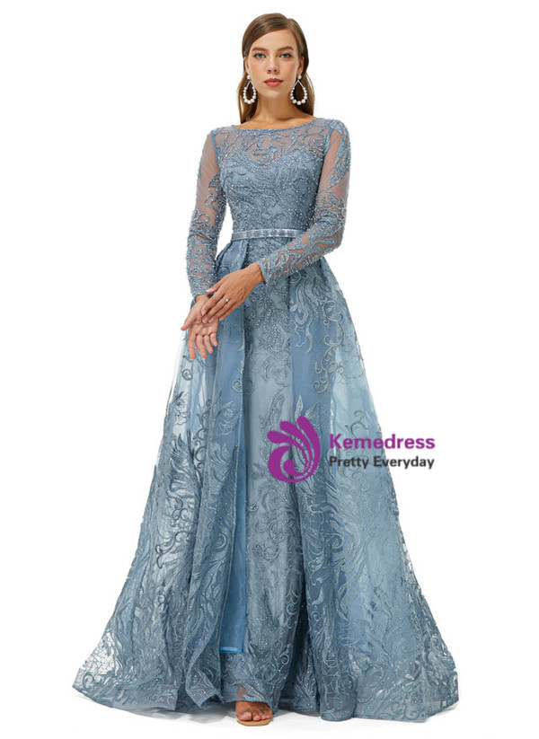Blue Tulle Beading Long Sleeve Prom Dress