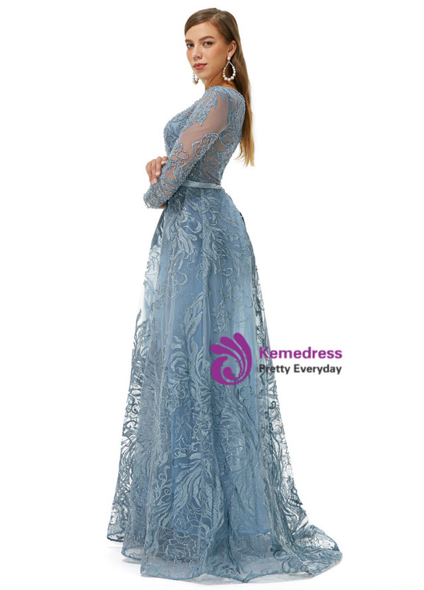 Blue Tulle Beading Long Sleeve Prom Dress