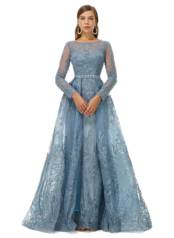 Blue Tulle Beading Long Sleeve Prom Dress