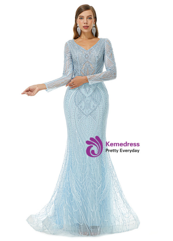 Blue Mermaid V-neck Tulle Beading Long Sleeve Prom Dress