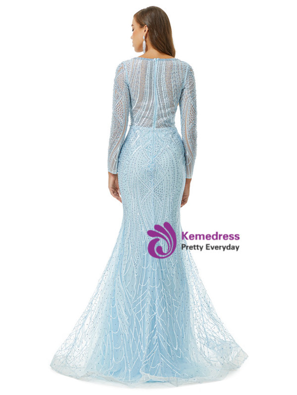 Blue Mermaid V-neck Tulle Beading Long Sleeve Prom Dress