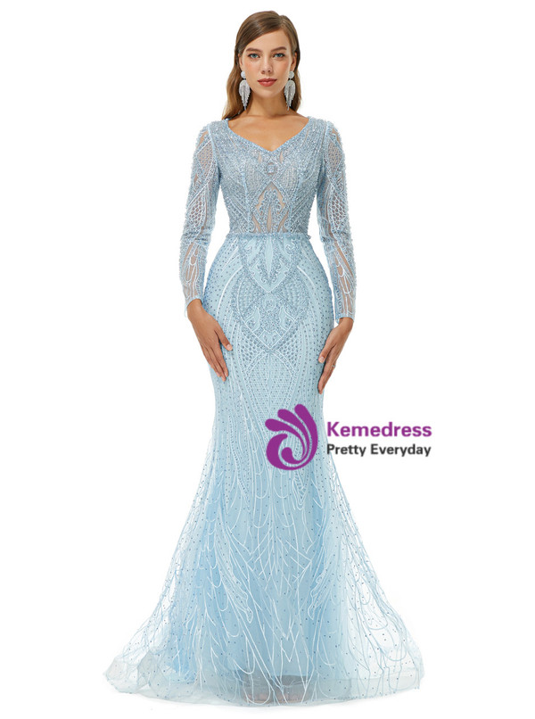 Blue Mermaid V-neck Tulle Beading Long Sleeve Prom Dress