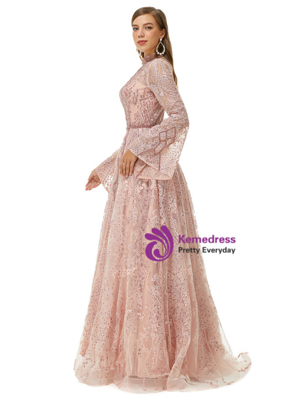 Pink Long Sleeve Mermaid Tulle Lace Beading Prom Dress