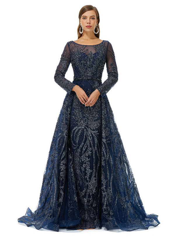 Navy Blue Tulle Long Sleeve Beading Prom Dress