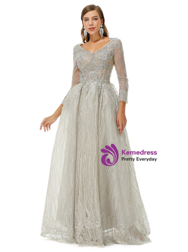Silver Gray Long Sleeve Tulle Sequins Beading Prom Dress