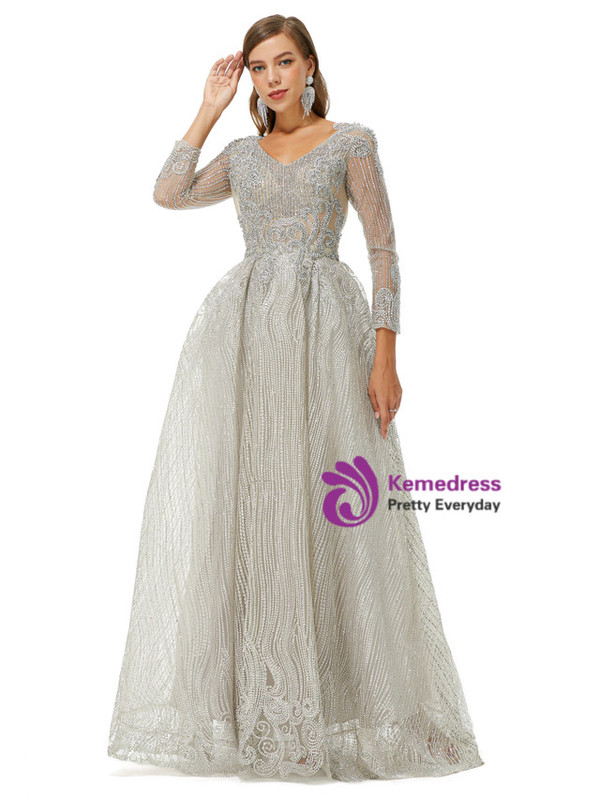 Silver Gray Long Sleeve Tulle Sequins Beading Prom Dress