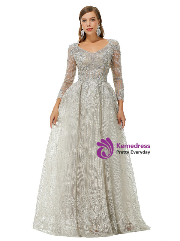 Silver Gray Long Sleeve Tulle Sequins Beading Prom Dress