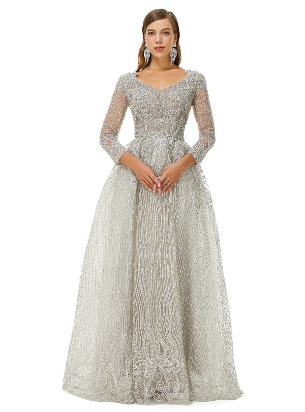 Silver Gray Long Sleeve Tulle Sequins Beading Prom Dress