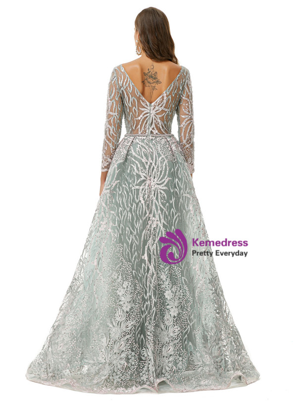 Long Sleeve V-neck Beading Tulle Lace Prom Dress