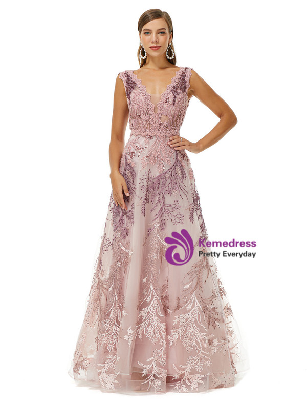 Pink Lace Tulle V-neck Appliques Beading Sleeveless  Prom Dress