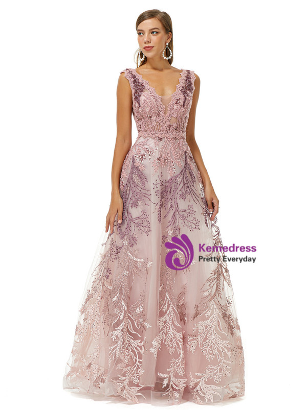 Pink Lace Tulle V-neck Appliques Beading Sleeveless  Prom Dress